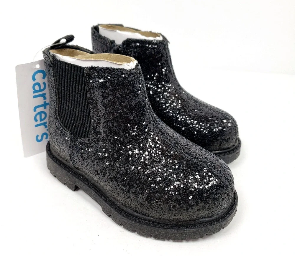 Carters Bessy Toddler Girls Size 5 Black Sparkle Glitter Casual Chelsea Boots
